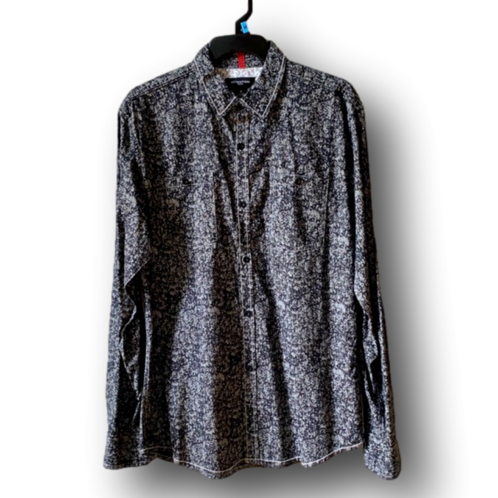 Attention Mens Long Sleeve Gray/Black Button Down Shirt - Size M - Brand New